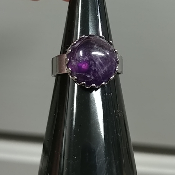 Amethyst Ring Natural Gemstone Adjustable Stainless-Steel Ring Amethyst Crystal - Picture 5 of 12